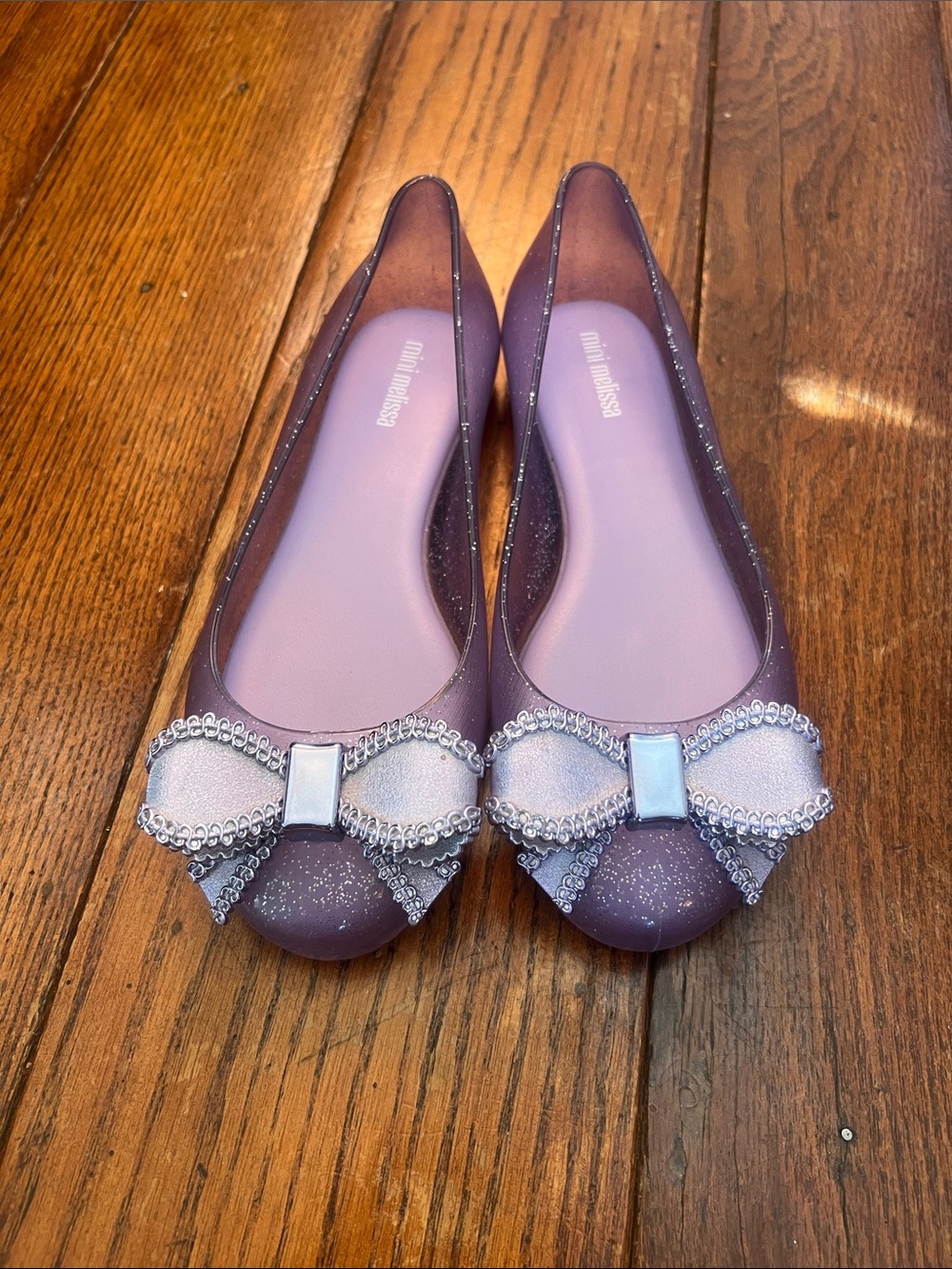 Mini Melissa Glittered Purple Jelly Flats with Bow Accent